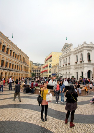 Macau, China, April 2, 2012 - A busy street in Downtown Macauのeditorial素材