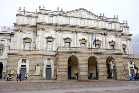 MILAN, ITALY - APRIL 12, 2014  The main facade of the Teatro Alla Scala in Milan, Italy のeditorial素材