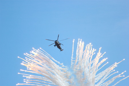 military helicopters used by the British Royal Navy setting off missile deterrence flaresのeditorial素材
