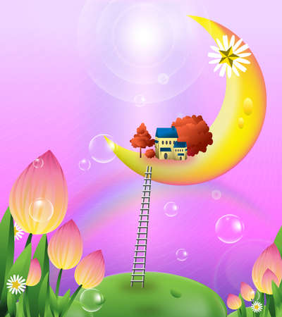 Land flora and house on Crescent Moon の写真素材