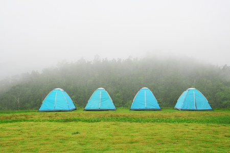 four blue tents with fog in the morning at the north of Thailand