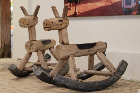 Closeup of vintage wooden toy rocking horse.の写真素材