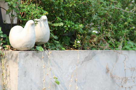 Couples birds sculptures on white concrete wall.の写真素材