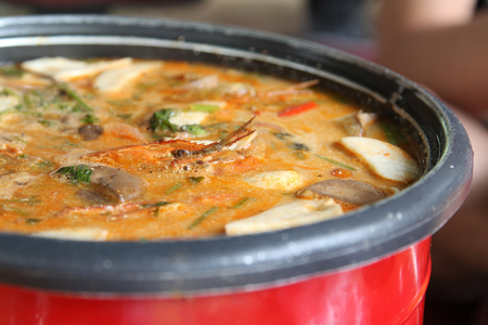 Thai food, Tomyum kung, Thai hot and spicy soup with shrimp.の写真素材