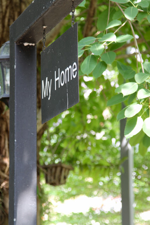 Black metal My Home sign on black pole.の写真素材