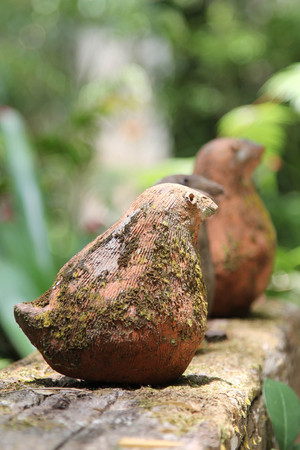 Clay figurines in the form of birds filled with mossy decorated in the garden.の写真素材