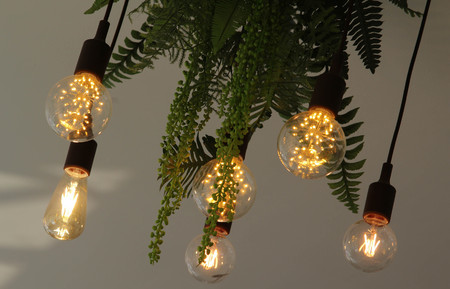 Six light bulbs hanging on the wooden ceilling.