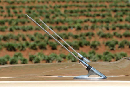 The antenna of a white vintage classic car.の写真素材