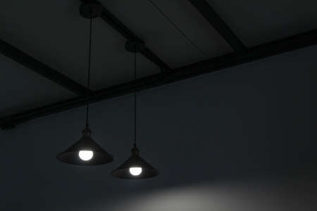 Black decorative lamp on black cable wire hanging on ceiling.の写真素材