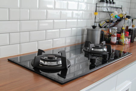 A new modern gas stove on counter.の写真素材