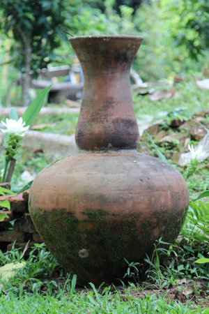 An old big jar on green grassの写真素材