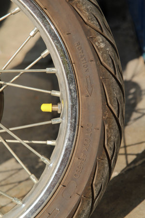 Details of a front wheel of a new motorcycle model.の写真素材