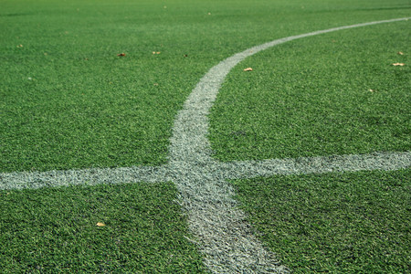 White stripe on the green soccer field from top view