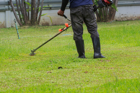 Man worker cutting grass with at the lawn.