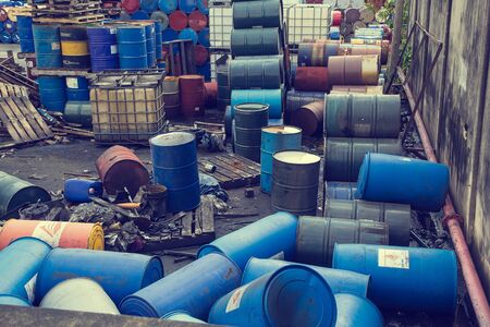 Samutprakan Bang Pu Industrial Estate Thailand - March17 th, 2017: Oil barrels blue  chemical horizontal of scattered to recycle.のeditorial素材