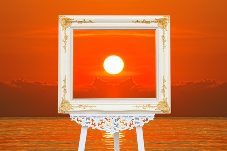 picture frame with sunrise backgroundの写真素材