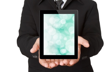 Hands with tablet computer. Isolated on white background.