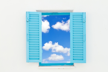 Greek Style windows with blue sky の写真素材