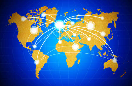 social network structure on World Map  backgroundの写真素材