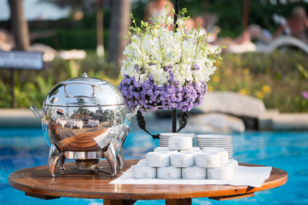 Buffet Table with Row of Food Service Steam Pansの写真素材