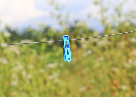 Blue Clothespins hang on a cord