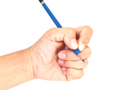 Women's hand with a pencil isolated on white background.の写真素材