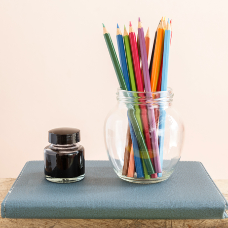 Educational Equipment on the student desk. Education Concept.の写真素材