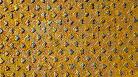 Rusty metal plate with rhombus pattern, closeup of photoの写真素材