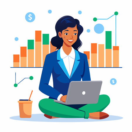 Businesswoman sitting on the floor with laptop and coffee cup. Flat vector illustration.のイラスト素材