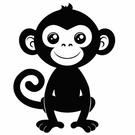 cute monkey cartoon isolated on white background, black and white vector illustration