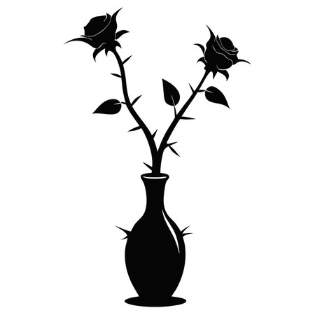 Black silhouette of a rose in a vase on a white backgroundのイラスト素材
