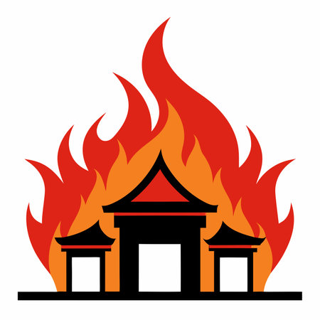 Chinese temple on fire isolated on white background. Vector illustration for your designのイラスト素材