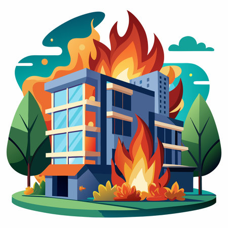 Burning building. Fire in the city. Flat design vector illustration.のイラスト素材