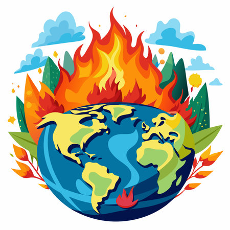 Earth on fire. Global warming concept. Vector illustration in cartoon style.のイラスト素材