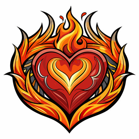 Heart with fire, flames on top convey heat power Burning heart in the form of a heart. Vector illustration.のイラスト素材