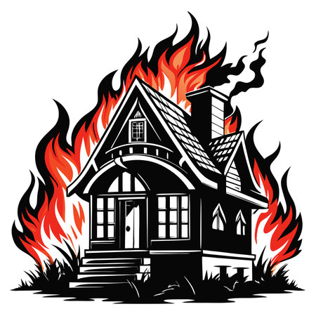 Burning house. Fire in the old house. Vector illustration.のイラスト素材