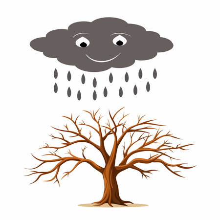 Cartoon tree with rain and cloud on white background. Vector illustration.のイラスト素材