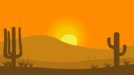 Sunset in desert mountains cactus nature scenery for background illustrationのイラスト素材