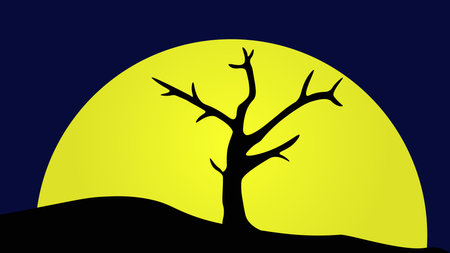 Full moon view in the middle of the desert reflecting the shadow of a dead tree, background illustrationのイラスト素材
