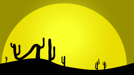 Full moon view in the middle of the desert reflecting the shadow of a cactus background illustrationのイラスト素材