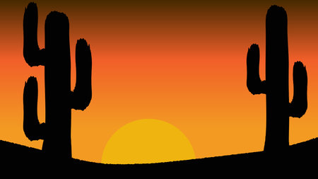 Desert sunset landscape with cactus. Sunset in the desert. Shadow of cactus.のイラスト素材
