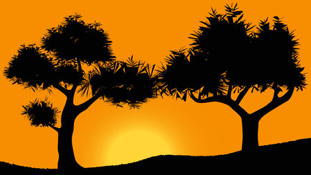 Sunset silhouette of trees in Africaのイラスト素材