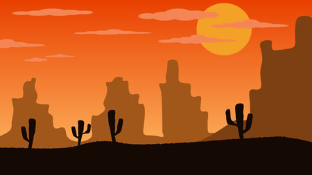 Sunset desert mountains cactusのイラスト素材