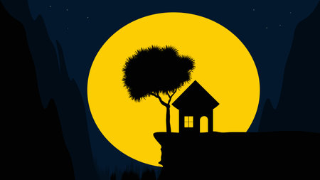 Silhouette of a house on a cliff night sky full moonのイラスト素材