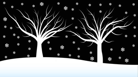 Winter snow falls in the forest, dry trees, falling leaves, night atmosphereのイラスト素材