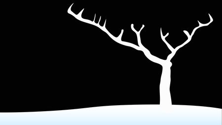 Winter dry tree art illustration, snow falling at night, darkness, black backgroundのイラスト素材