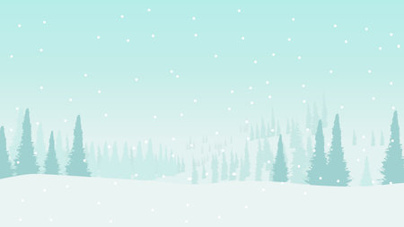 Winter snow falling in the pine forest. Winter snowstorm in the mountains. Pine trees covered with snow.のイラスト素材