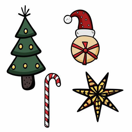 Christmas tree, canes, stars, and gifts.のイラスト素材