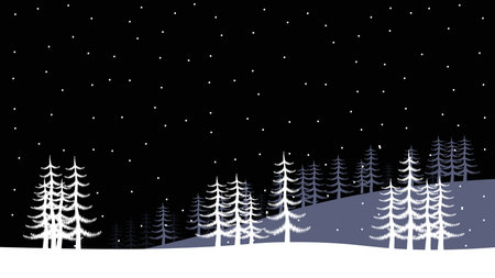 Snowfall in a cold winter pine forest at night. Illustration.のイラスト素材