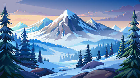Christmas winter landscape background with snow falling and pine forest illustrationのイラスト素材